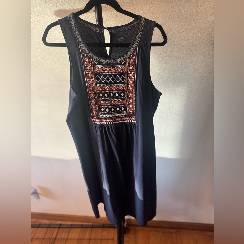 Garnet Hill Navy Dress with Geometric Embroidery